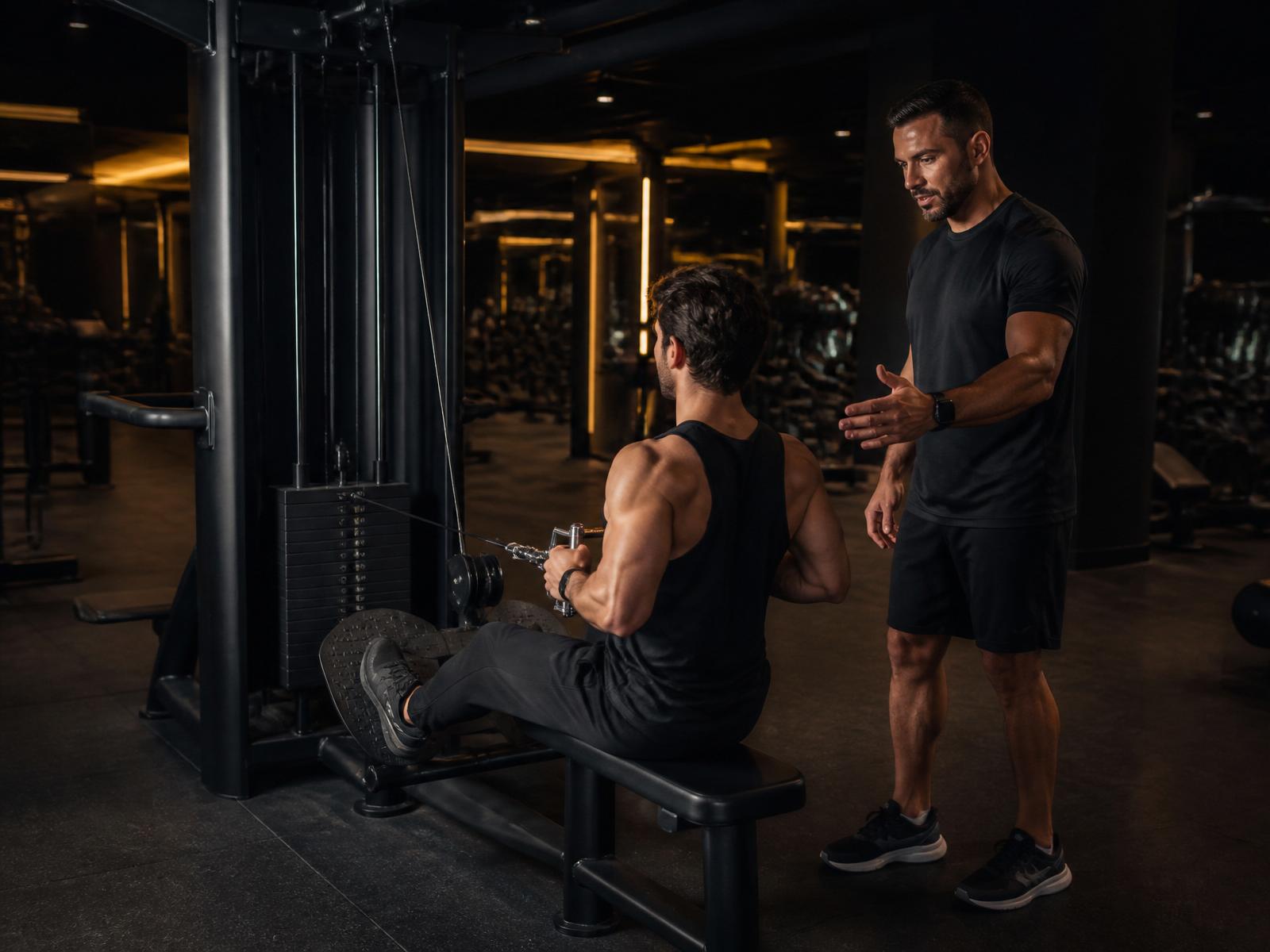 Professor acompanhando aluno em treino de musculação